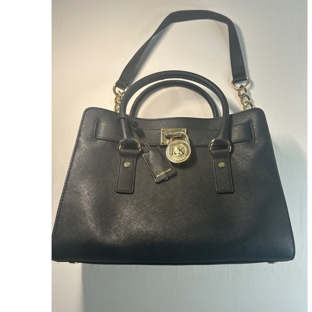 Michael Kors Hamilton Satchel Women Medium Black Saffiano Leather Gold Hardware